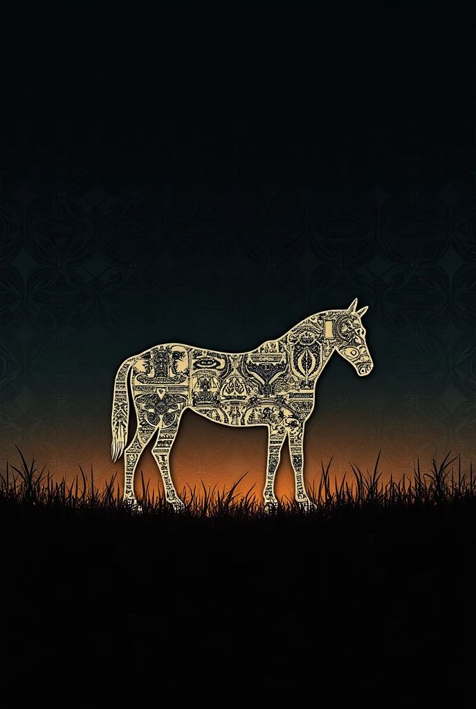 Create a minimalist realistic design (not painting or illustration) where the horse shape is a simple light silhouette, background is dark, filled with intricate patterns that represent the different musical elements of the song. The “chase nda” logo could be subtly integrated within the pattern, almost hidden but still noticeable. The background could be a soft gradient of colors, transitioning from warm tones to cooler, darker hues, symbolizing the transition from melodic build-up to the rhythmic groove.