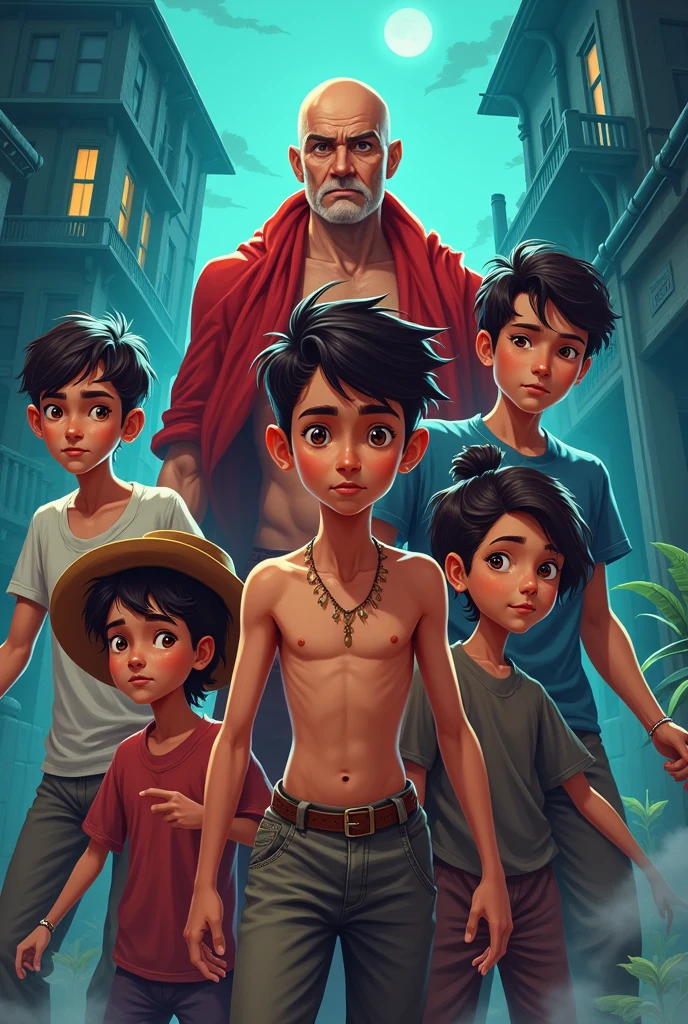 A movie poster with a shirtless brown boy with a brown girl with frock and hat and two brown boys with tshirt and shorts, a bald man with red shawl shirtless on background and an haunted house in the background in modern science fi style cartoon