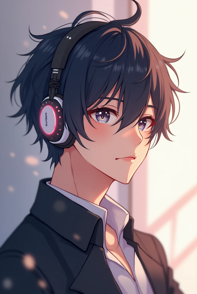 A cute black-haired anime character, a man with headphones on, looking into the distance while smiling slightly.