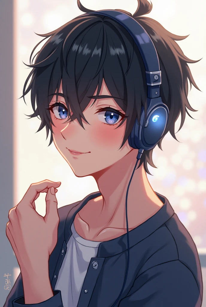 A cute black-haired anime character, a man with headphones on, looking into the distance while smiling slightly.
