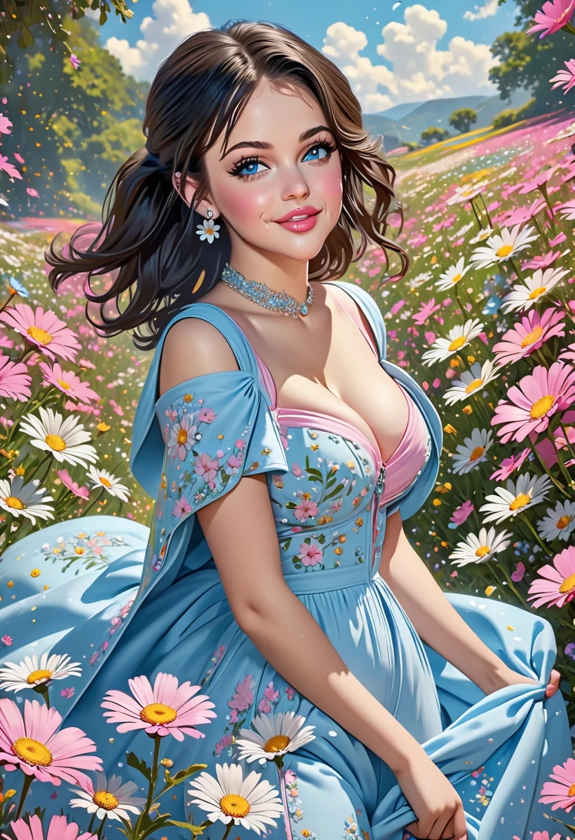 nose piercing, standing, jewelry, BABY-BLUE cloak, baby-pink jumpsuit (insanely detailed, beautiful detailed face, masterpiece, best quality), cleavage, piercing blue eyes. TWIN-TAILS. BEAUTIFUL COMBO OF SELENA GOMEZ AND Kat Dennings. dd-cup sized breasts. short and dainty. happy, smiling cheerful face. Skipping in a magical meadow of daisies. Magical realism. 1950s Panovision 70. 4K Ultra HD, Extreme Detail And Intricate Realism. Stunning 2D Vector Detailed clear. lifelike.