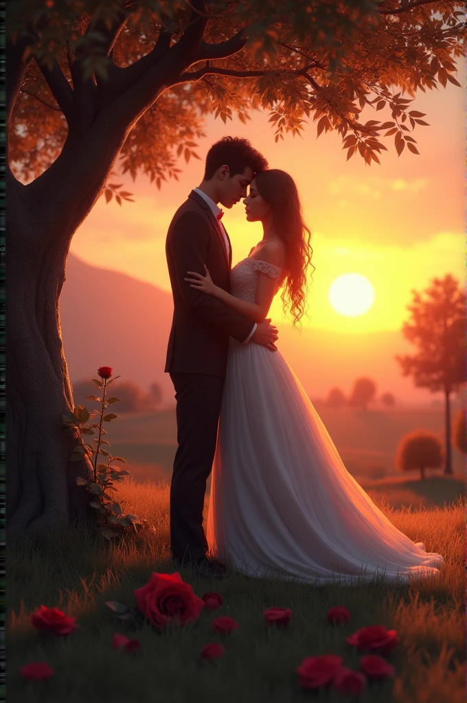 Sun is setting rose has fallen under a tree couple is loving sad look 3D