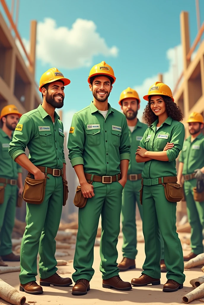 Make me a picture of 5 project workers wearing light green work clothes., and there is a writing on it, Team Hore