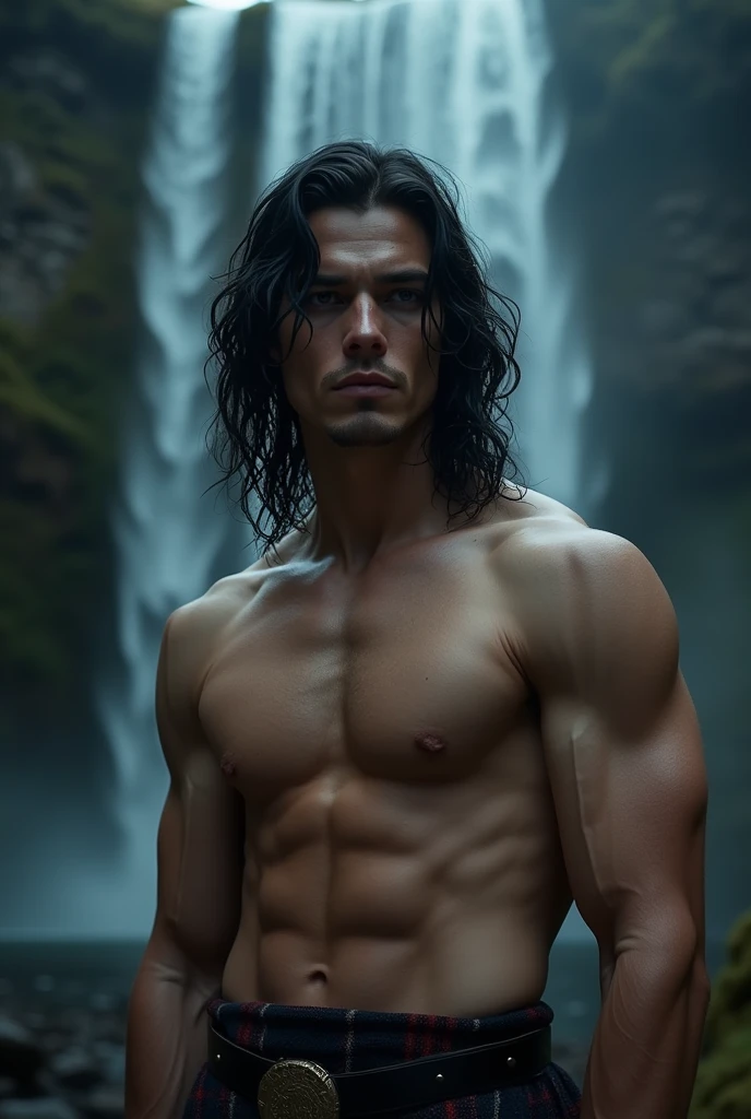 8k, masterpiece, RAW photography, best quality, photorealistic, highly detailed CG unity 8k wallpaper, depth of field, cinematic light, raw, (extremely beautiful and charismatic face, beautiful lips, beautiful eyes), intricately detailed face, (ultra detailed skin), 1 man, in nature, in deep shadows, beautiful young scottish male, (very strong and muscular body:1.3), (topless), (great determined look) :1.3), (shirtless), (highlands, dark night, starry night, blurred background), barechest, tarzan kilt, long black hair, full-body, waterfall background in the forest.