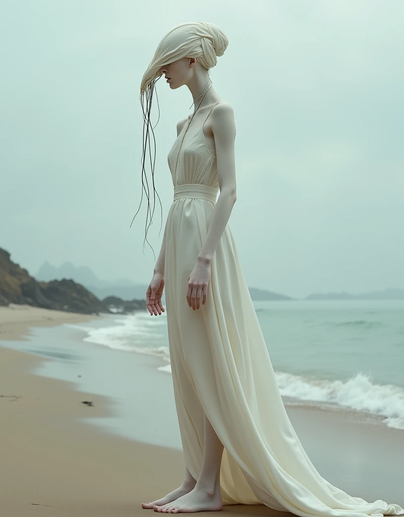 A surrealistic full body photograph of an elegant female humanoid creature with a long elongated neck, white skin and dressed in a flowing gown on the beach. Her head is completely covered by pale fabrics that cover her eyes. She has two very thin tentacles coming out from under her chin hanging down to the ground. It is a surrealistic style of photography in the style of Zdzisław Beksiński