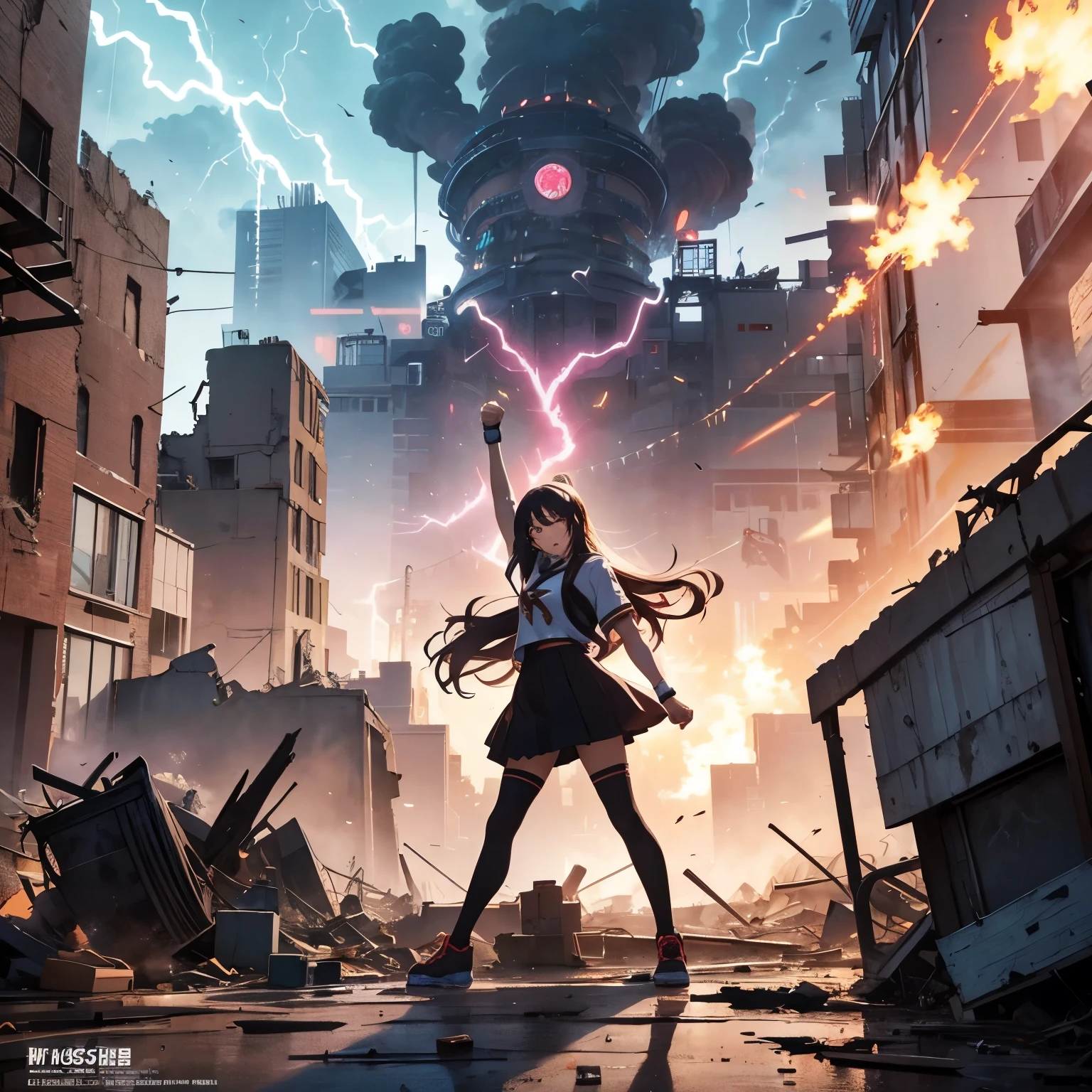 masterpiece、Bold, anime-style illustration、Dense painting、Humorous and crazy。1 high school girl、Cinematic lighting、Clench your fists、A high school girl awakens and stands up strong、Lightning strikes her、The background is a ruined city in the near future.。