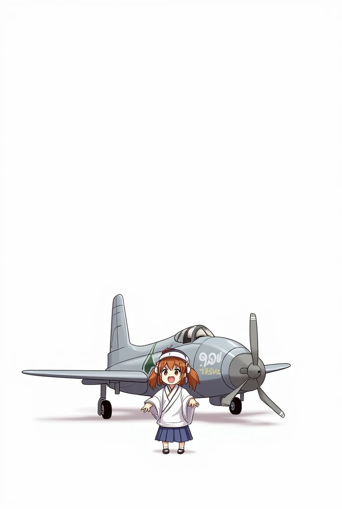 1 girl, Ryuujou (kancolle), standing alone, chestnut hair, twintails, eyes browns, visor cap, magatama, gaping mouth, aircraft, ssmile, plane, white background, Japanese clothing, simple background, your post, trunk, long hair