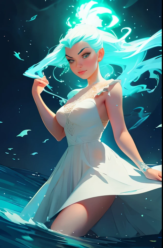 a woman in a white dress standing in a stream of water, glowing water, glowing with magic, charlie bowater art style, glowing aura around her, there is a glow coming from her, kilian eng vibrant colors, beautiful illustration, by Kilian Eng, magically glowing, glowing details!, kilian eng vibrant colours, glowing details, rossdraws global illumination