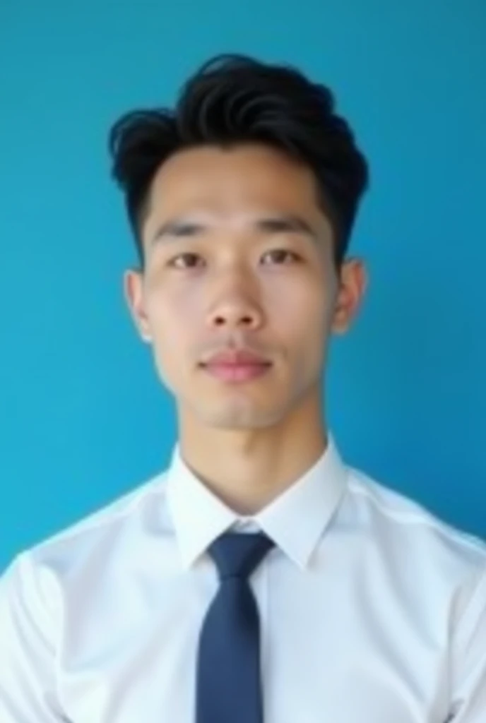 handsome young male passport photo, white shirt and tie, neat fluffy hair, blue background