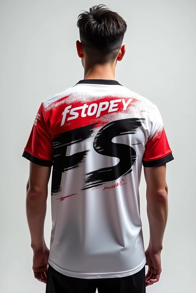 Creat a esports jersey with FS LOGO BACK SIDE OF JERSEY AND PLAYER NAME FStopey UPPER BACK IN WHITE and spray red
COLOR .show jersey only.jercy color full plain white and some spray of red color with best designe wite FS LOGO IN BLACK COLOR WITH BEST FONTS