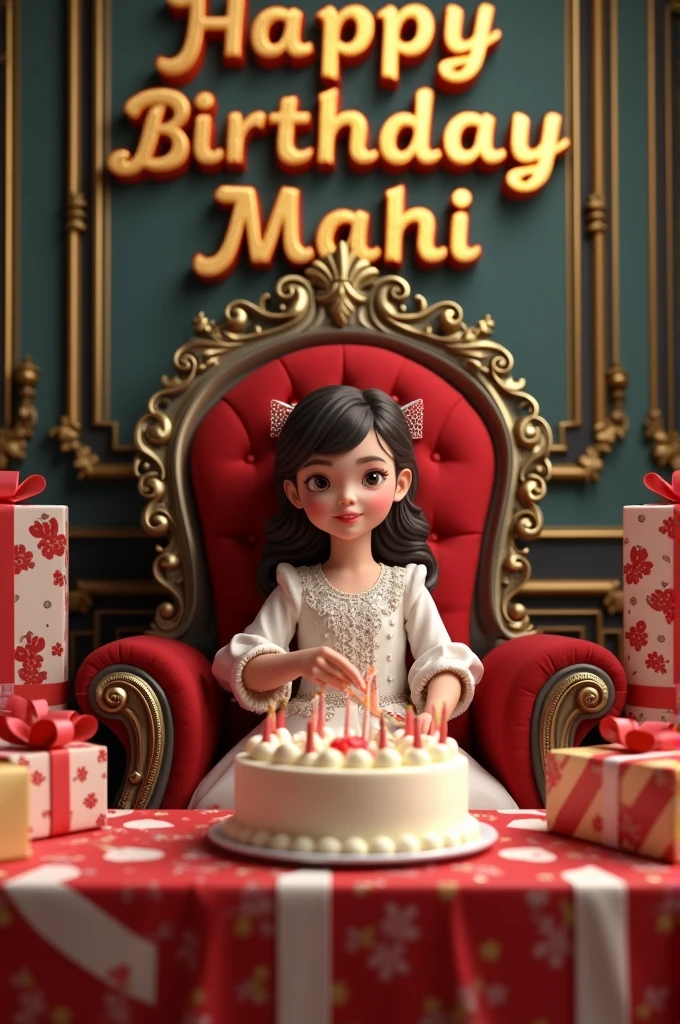 create realistic illusion image of A girl is sitting on a king chair and she is cutting the birthday cake, there are many gifts kept next to it and Happy Birthday MAHI, 3d text is written on the back wall