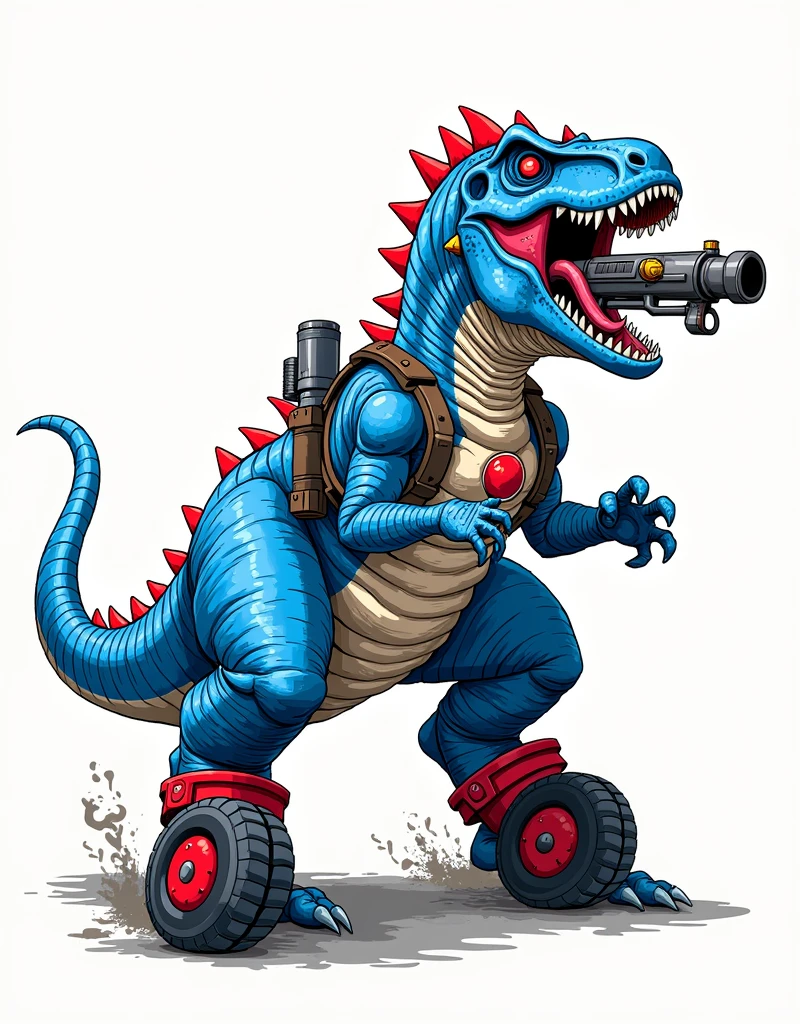 T-Rex armed anime style by Akira Toriyama, with a retro-futuristic design, featuring a dynamic and energetic dinosaur with wheels on its feet and a machine gun protruding from its mouth. The artwork showcases vibrant blue sci-fi coloring with striking red details, set against a clean white background. The illustration embodies the iconic Dragon Ball Z art style, with intricate textures, clean and dynamic lines characteristic of Akira Toriyama's work. The composition is centralized, emphasizing the T-Rex's powerful stance and futuristic modifications. The comic-style rendering employs vivid colors and dramatic shading techniques, creating a sense of depth and dimension. The overall atmosphere is highly energetic, capturing the essence of action-packed anime scenes. The artwork blends prehistoric elements with cutting-edge technology, resulting in a unique and eye-catching design that perfectly balances retro and futuristic aesthetics.