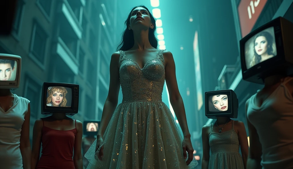 (Cinematic wide shot:1.4) photo of a group of people in casual clothing, each with a vintage TV set as their head, with their faces seamlessly projected on the screens, all gazing upwards at a towering, giant, beautiful woman dressed in glittering evening wear, with glamorous makeup and an intricate evening hairstyle, (elegant and powerful presence:1.3), the group appears tiny in comparison to her immense size, low-angle framing looking upwards, in a surreal urban night scene with reflective surfaces, under dramatic spotlight, shot on a Canon EOS R5 with a 24mm lens, (in the style of surrealist photography:1.5).