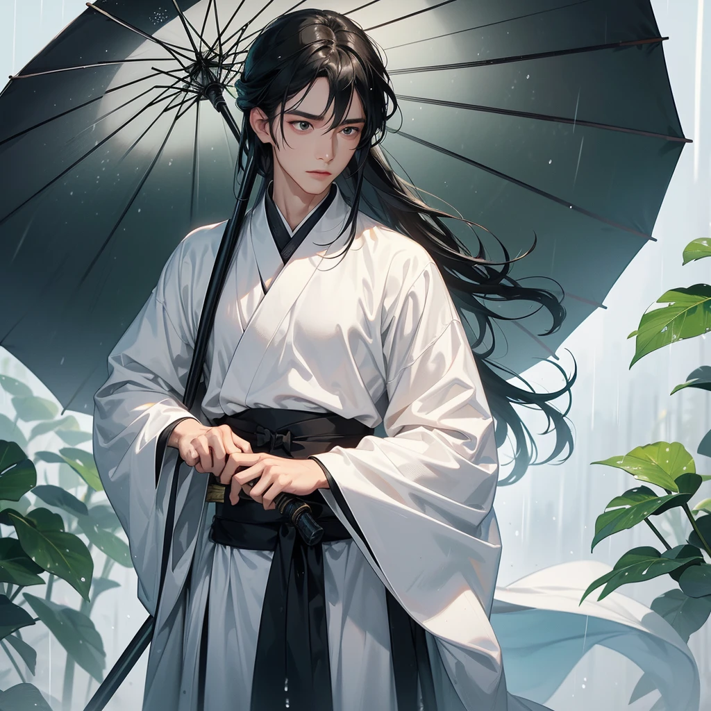 A Handsome black-hair male holding a large sword in white hanfu dress, close up.
Stand holding an umbrella to protect from the rain. Rain fell and splashed around. There are water droplets falling on the leaves in the surrounding area, green and moist, the atmosphere after rain.