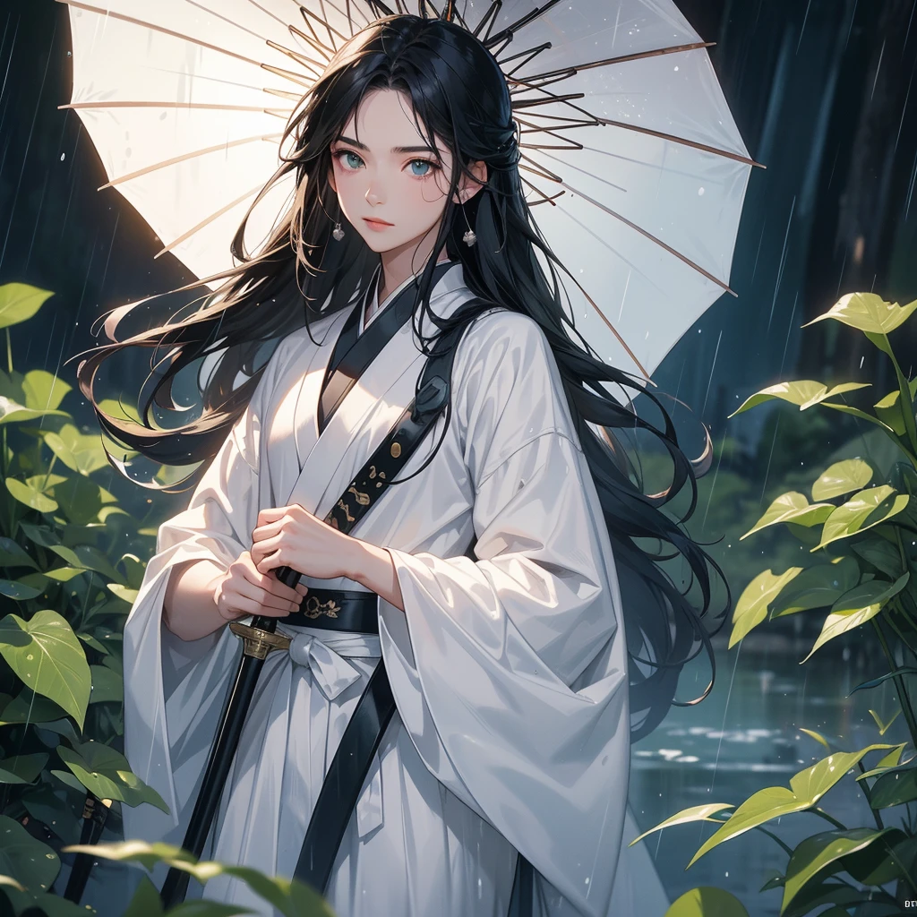 A Handsome black-hair male holding a large sword in white hanfu dress, close up.

Stand holding an umbrella to protect from the rain. Rain fell and splashed around. There are water droplets falling on the leaves in the surrounding area, green and moist, the atmosphere after rain.