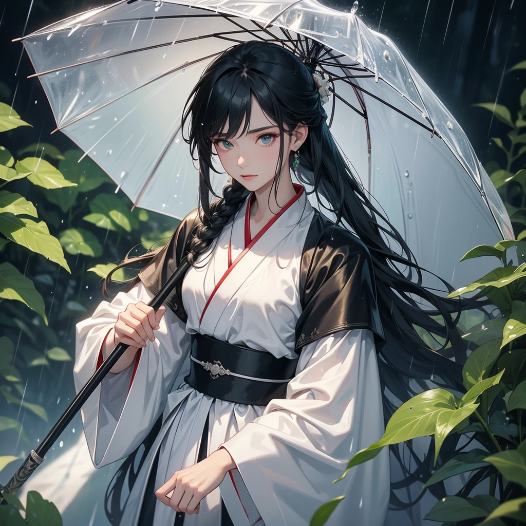 A Handsome black-hair male holding a large sword in white hanfu dress, close up.
Stand holding an umbrella to protect from the rain. Rain fell and splashed around. There are water droplets falling on the leaves in the surrounding area, green and moist, the atmosphere after rain.
