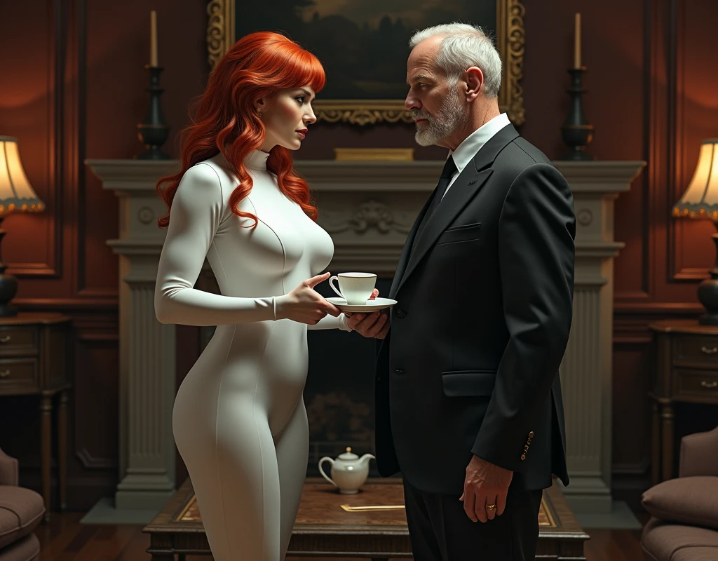 An attractive redhead woman dressed in an all-white compression garment of futuristic design, long sleeves, serving tea to an old man dressed in a black executive suit seated on a sofa. The woman has an attractive and voluptuous body, the man looks at her with a serious and circumspect expression. In a living room of a Victorian house, side lighting.