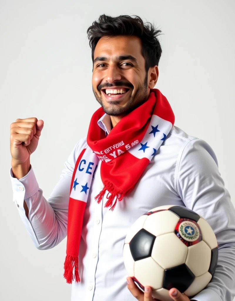 2 Chilean man wearing a white shirt and a red and blue soccer scarf, one hand closed into body with fist hand, a victorious gesture, second hand holding a soccer ball and smiling in front of a white background