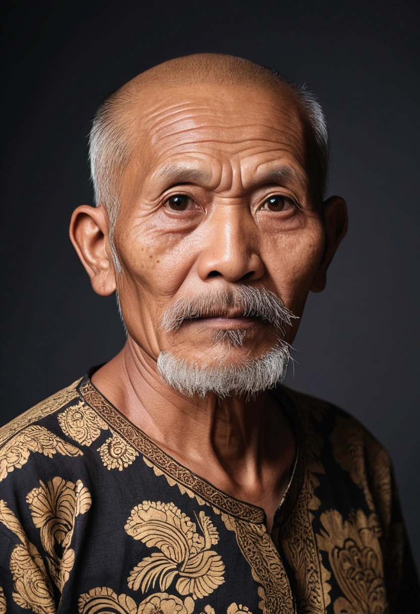 photo of a javanese old man with slightly bald, slightly skinny, black hair and neatly trimmed beard and moustache wearing batik tshirt, girls , huge breast
