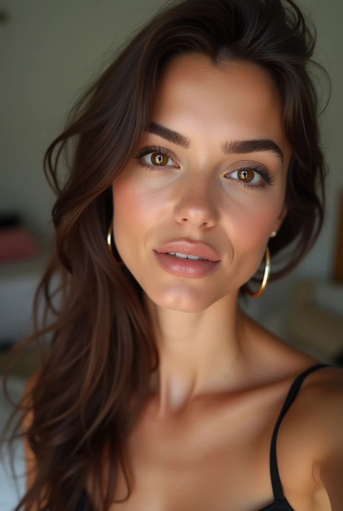 selfie, clin d'œil, jolie femme au visage de bébé, expression attrayante et séduisante, Timide, Cheveux brun raides, front, se maquiller, yeux marron, proportion corporelle superlative, , portant une chemise en tricot ample, pantalon en cuir moulant, Bottes d'ingénieur, Artistique, Hyper, art numérique graphique