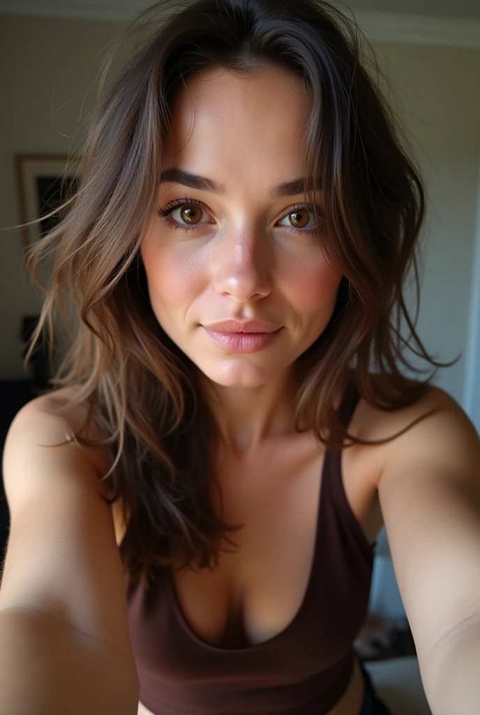 selfie, clin d'œil, jolie femme au visage de bébé, expression attrayante et séduisante, Timide, Cheveux brun raides, front, se maquiller, yeux marron, proportion corporelle superlative, , portant une chemise en tricot ample, pantalon en cuir moulant, Bottes d'ingénieur, Artistique, Hyper, art numérique graphique