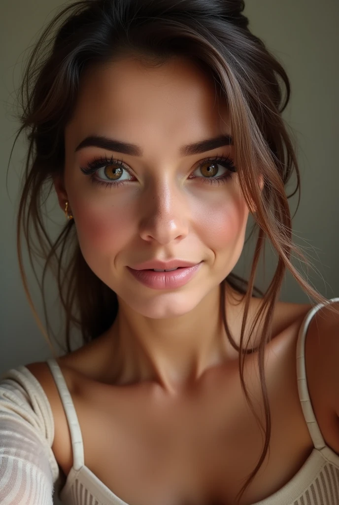 selfie, clin d&#39;œil, jolie femme au visage de bébé, expression attrayante et séduisante, Timide, Cheveux brun raides, front, se maquiller, yeux marron, proportion corporelle superlative, , portant une chemise en tricot ample, pantalon en cuir moulant, Bottes d&#39;ingénieur, Artistique, Hyper, art numérique graphique 
