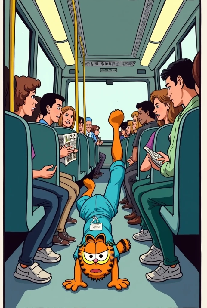 Nursing student on bus falls from knee to ground ,funny comic strip design in Garfield style