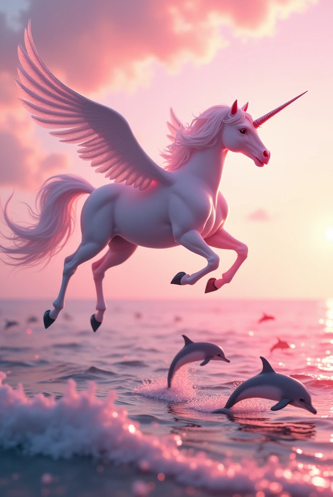 A unicorn flying over the sea with dolphins and everything in a pink environment