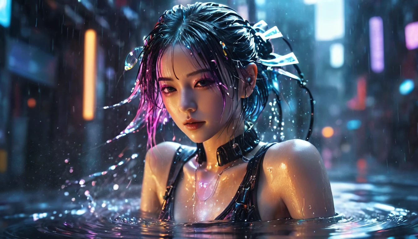 1 girl,beautiful,cyberpunk style,Bling Bling Bling Bling,motion blur,water drop,Cinematic lighting effects