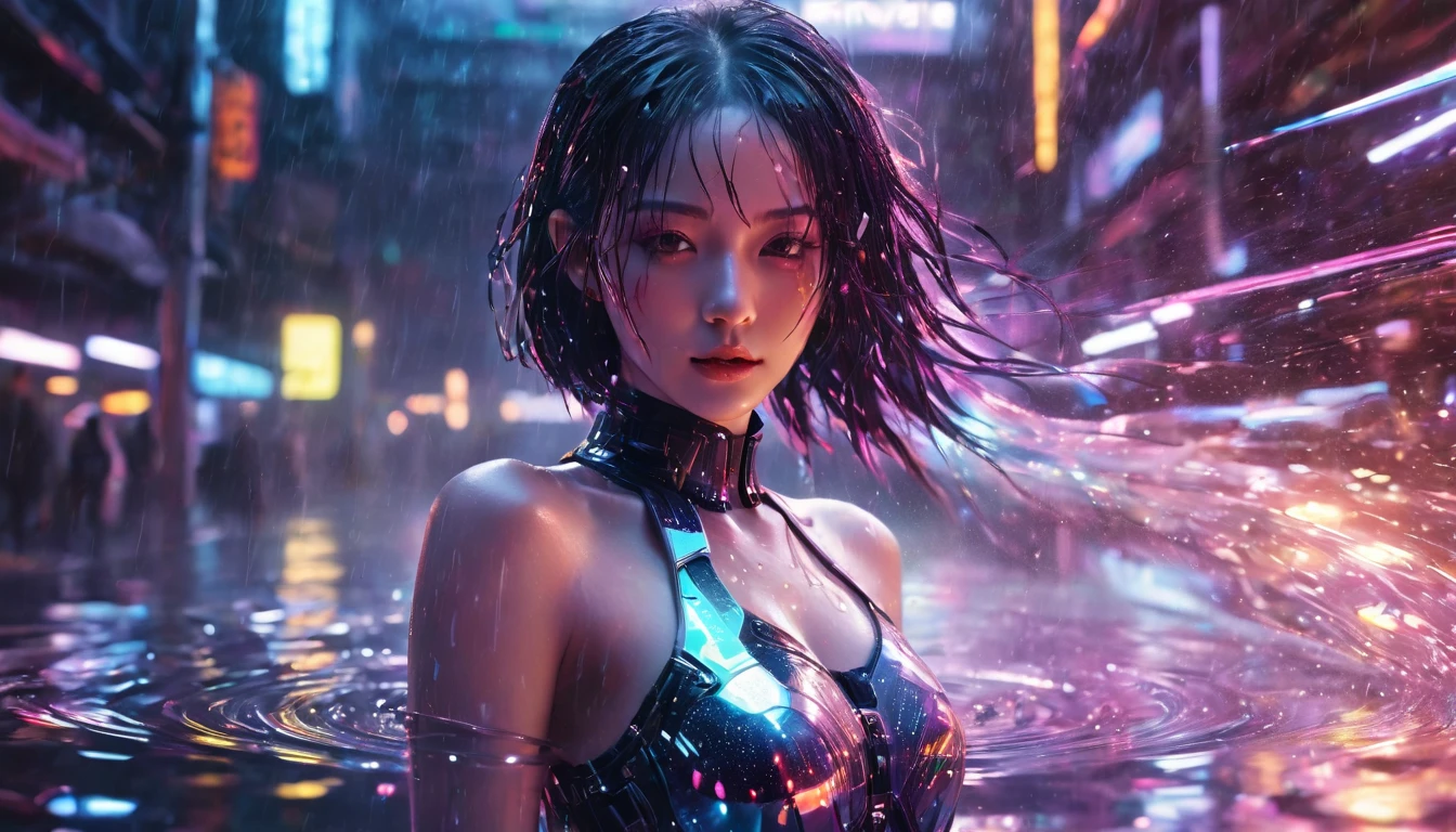 1 girl,beautiful,cyberpunk style,Bling Bling Bling Bling,motion blur,water drop,Cinematic lighting effects