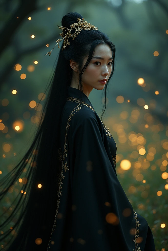 Meiying" (Meiying), an epic-style cinematic scene, with lush and dramatic cinematography, inspired by "Crouching Tiger, Hidden Dragon", where a Chinese lady emerges from the darkness of a nighttime garden, her black silk robe shining with golden embroidery. Her midnight black hair flows gracefully down her back, catching the soft light of the fireflies dancing around her. Her deep-set eyes shine with the serenity of centuries, while a charming smile adorns her lips.