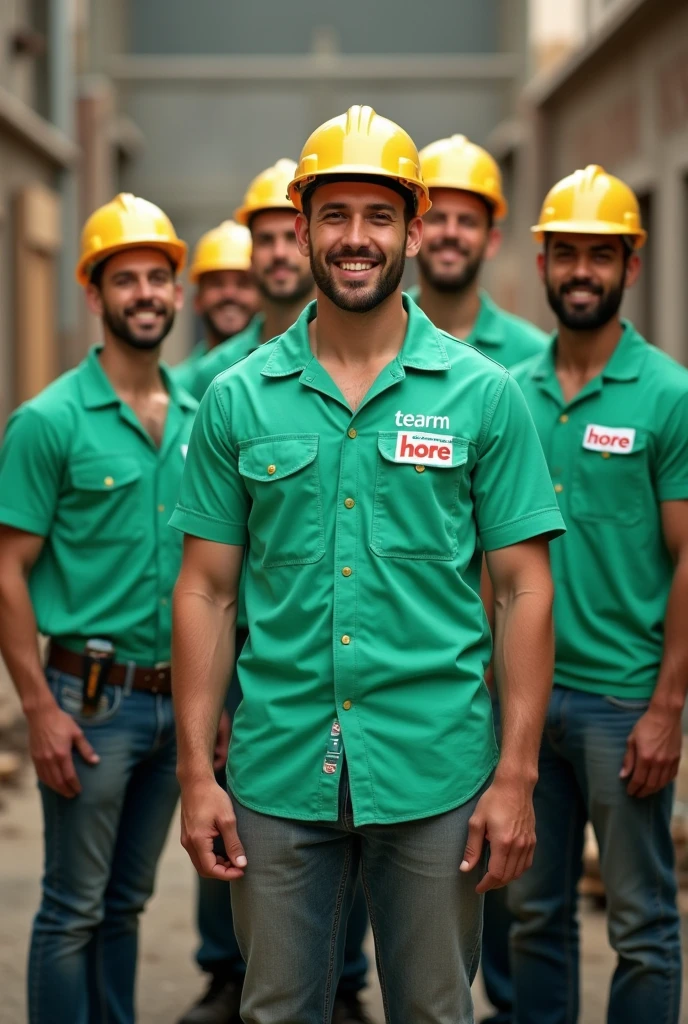 Make me a picture of 5 handsome project workers wearing light green work clothes., and there is a writing on it, Team Hore