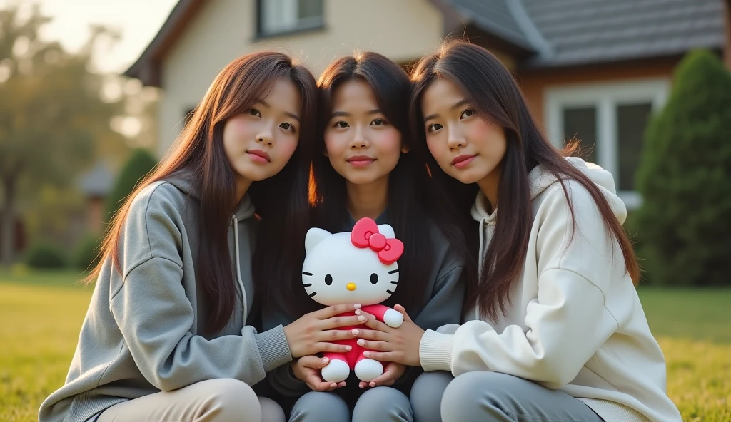 3 beautiful Indonesian adult women, loose hair, big nose, wear a hoodie, long pants, wear sneakers, all faces facing the front camera, sit down, hand holding a hello kitty doll, in front of a beautiful house, beautiful afternoon atmosphere, ultra details, minim diffect, realistic, 8k quality image