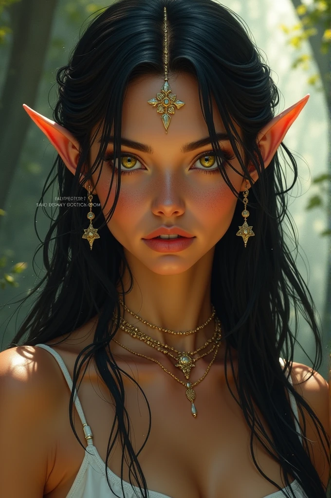 High Elf with tan skin, black hair, golden eyes with more prominent freckles on the nose and cheeks of the face