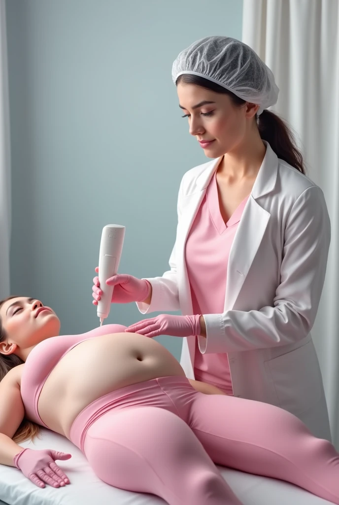 Generate an image of a female patient lying on the stretcher, she has a protruding belly with localized fat in the abdomen region, next to the patient's stretcher a white-skinned Physiotherapist standing using a monopolar Radiofrequency gauntlet, to treat localized fat, the The gauntlet is pointed at the patient's abdomen, close to the navel, the Physiotherapist is dressed in a pink scrub and white coat on top, the Physiotherapist is "Dra.Andreza Irla" The physiotherapist is wearing pink gloves on her hands, light pink mascara, the color of the physiotherapist's hair is and a disposable cap covering her hair