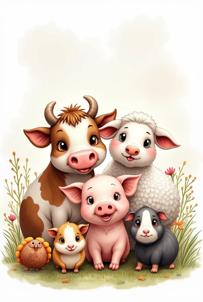 Logo with cow pig sheep turkey guinea pig in watercolor not very