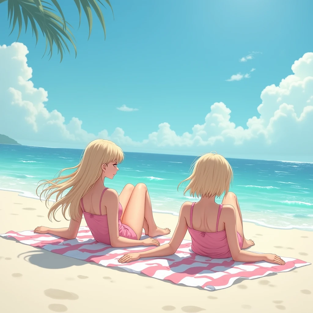 Photorealistic ultra HD 8K 2 girl blonde long wavy hair on the beach sunbathing in a pink swimsuit