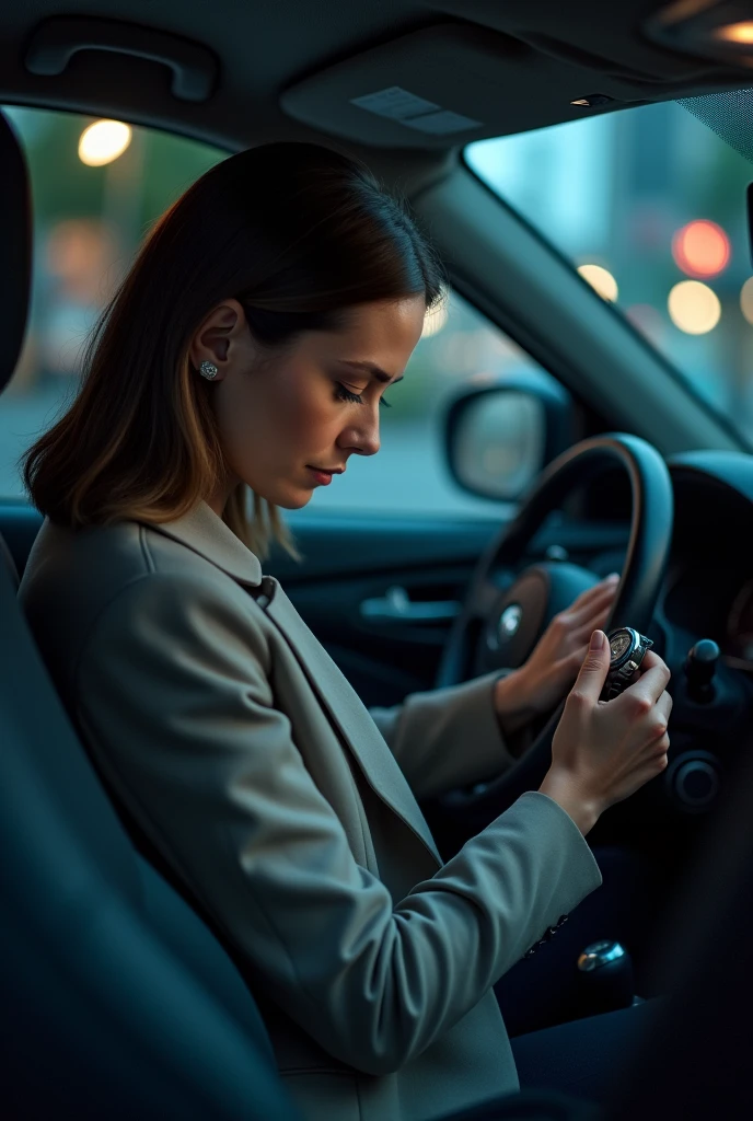 A woman in her car with a watch in her hand