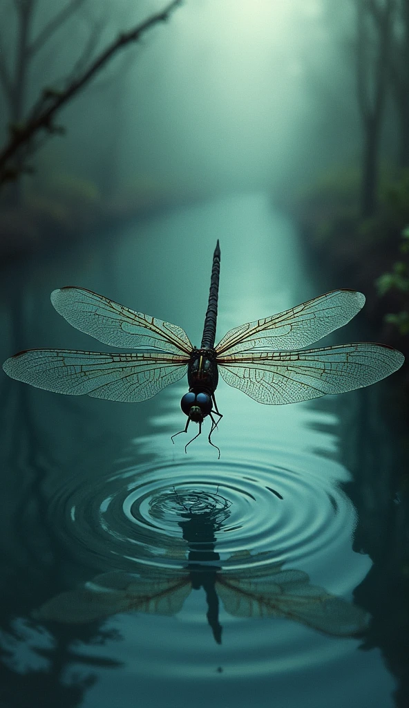 horror, fantasy, watercolour art, shot from above, dragonfly flying low over water, muted colours, dark, reflection in water