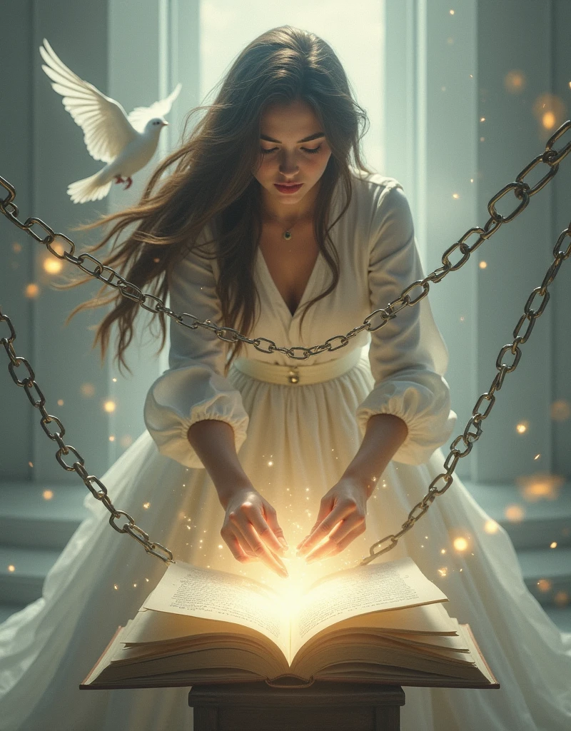 Girl in the middle breaking chain on her hand, and then a flying dove on her back and then an open book with light and then words coming out breaking the chains