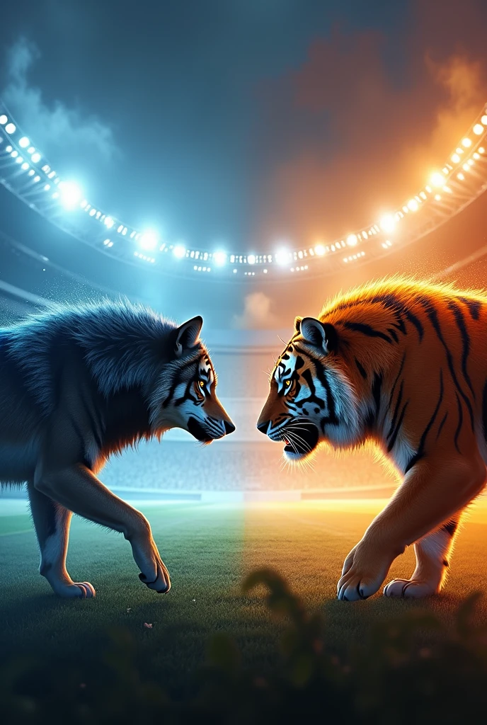 
"A modern, ultra-high-definition (4K) football stadium. On the left side, a fierce wolf stares intensely at a tiger on the right side. The wolf's side of the stadium is illuminated with a vibrant crystal blue, while the tiger's side glows with a fiery orange. The scene is dynamic and intense, with the colors sharply divided down the middle. The stadium has sleek, futuristic architecture, with high-tech lighting and large, immersive screens adding to the atmosphere. The crowd is captivated, adding energy to this modern and epic confrontation."