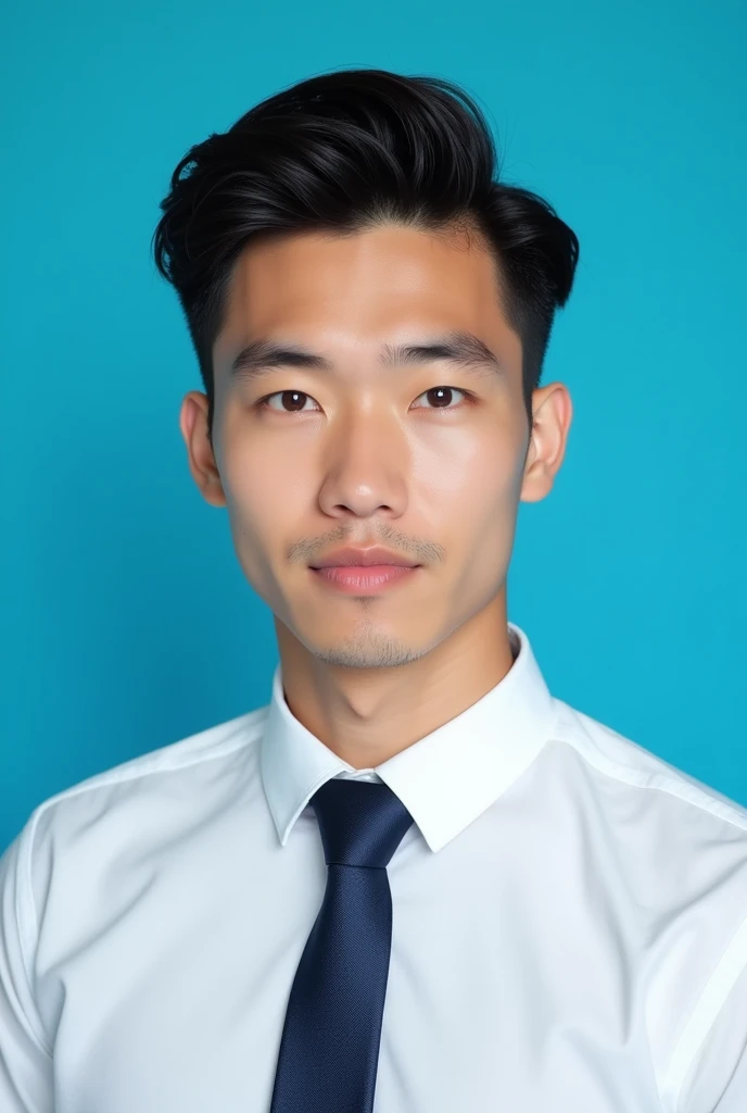 handsome young male passport photo, white shirt and tie, neat fluffy hair, blue background