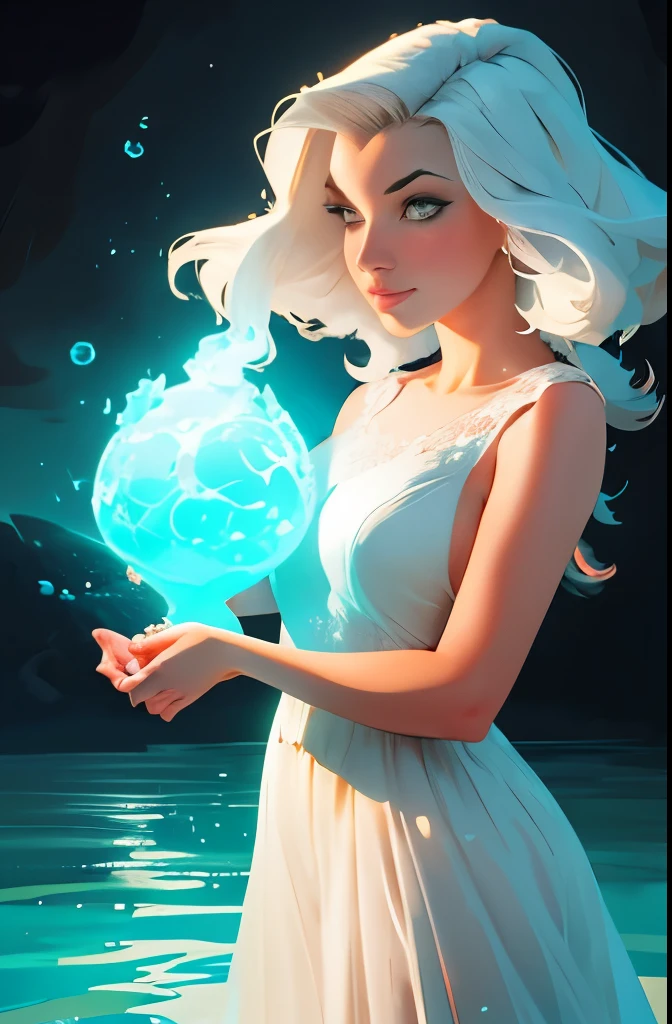 a woman in a white dress standing in a stream of water, concept art by Kilian Eng, trending on cgsociety, fantasy art, glowing water, glowing with magic, charlie bowater art style, glowing aura around her, there is a glow coming from her, kilian eng vibrant colors, beautiful illustration, magically glowing, glowing details!