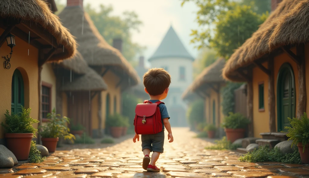 “A young boy named Sam, around  with short brown hair and a red backpack, is walking through a small, charming village. The village has cobblestone streets, small houses with thatched roofs, and a light drizzle of rain.”