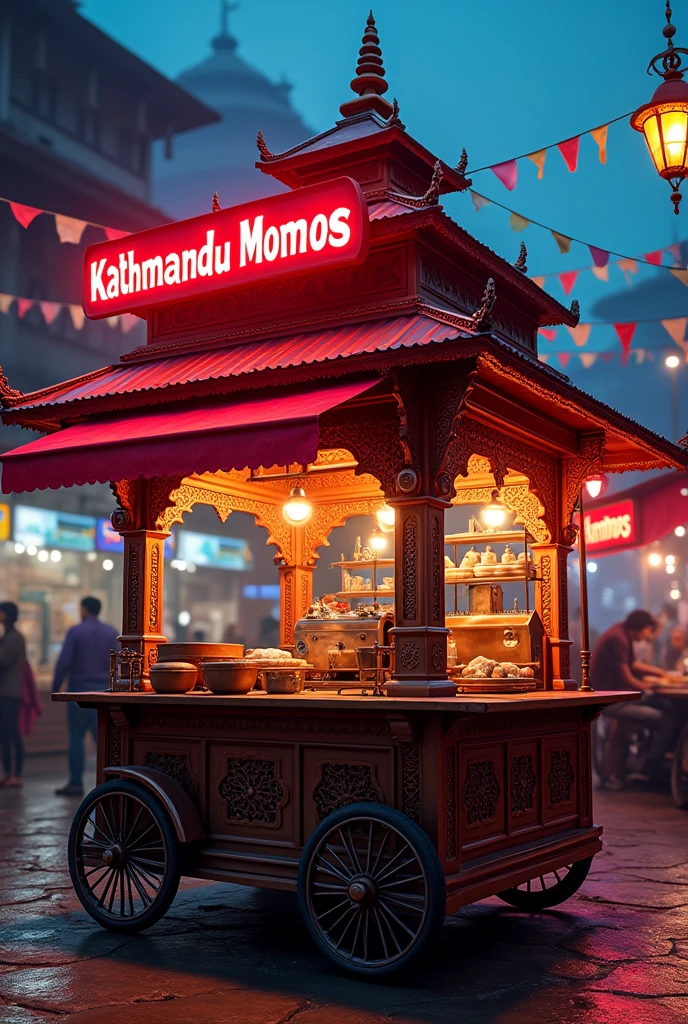 Nepal temple style momos cart in indian street food cart style and with neon lights named kathmandu momos  nepal temple style