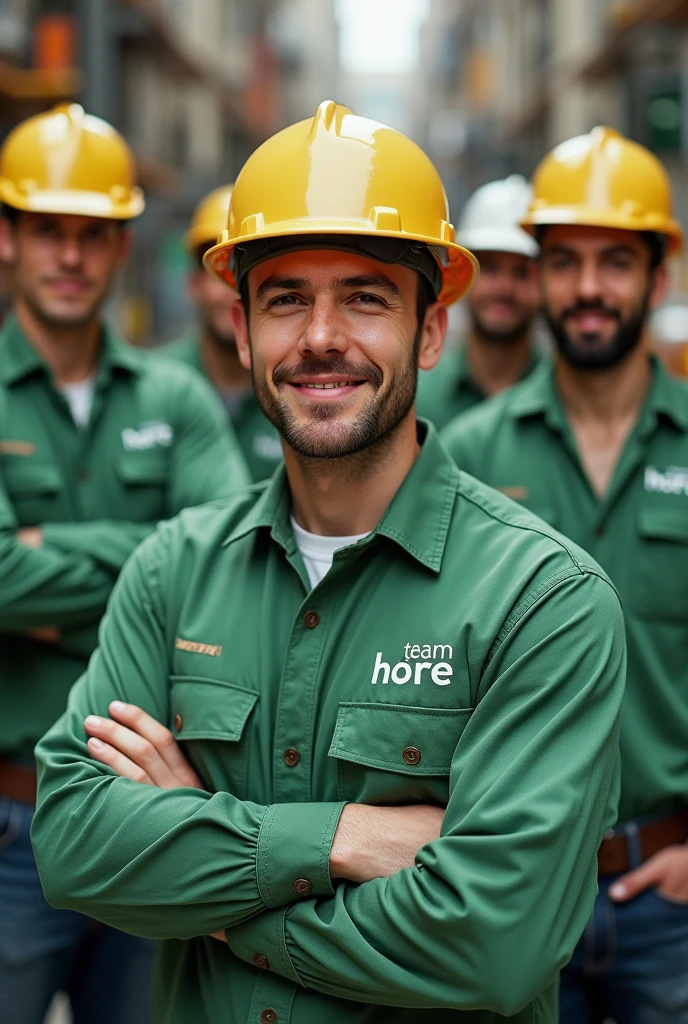 Make me a picture of 5 handsome project workers wearing light green work clothes., and there is a writing on it, Team Hore