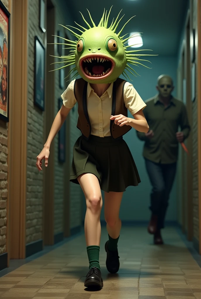 ((Highest quality)), ((photorealistic, hyperrealistic photo, portrait)), (front), (Screaming Pufferfish:1.6), (The upper half of the pufferfish is green.), (Short sleeves), ((No hair)), (The Kusafugu has 20% of the facial features of a human female.), (horror movie posters:1.5), ((Jason:1.8)), (クサフグ対Jason), A pufferfish with a very realistic head, A woman with a human body, オフホワイトで襟付きのShort sleevesシャツに薄茶色のベストを着てひざ丈の黒いスカートに濃い緑色の短い靴下と黒の靴を履いてる, Jasonに追われて全力で走っている, Photorealistic images,