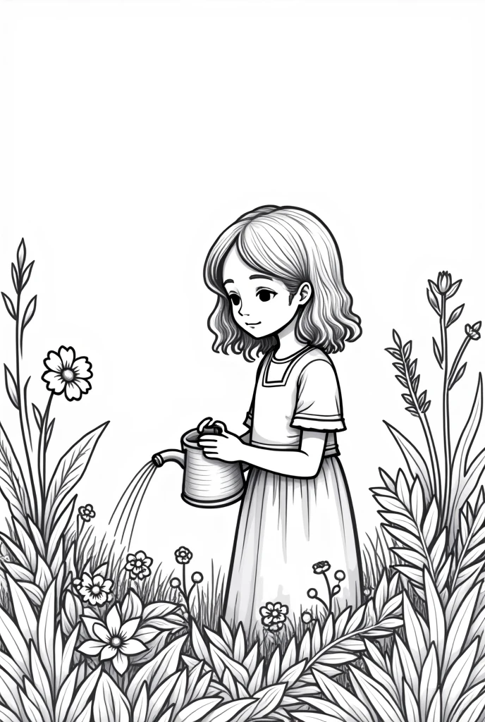 girl singing and watering the plants in a diverse garden. Simple line, black and white, without shadow, white background for coloring. Coloring book