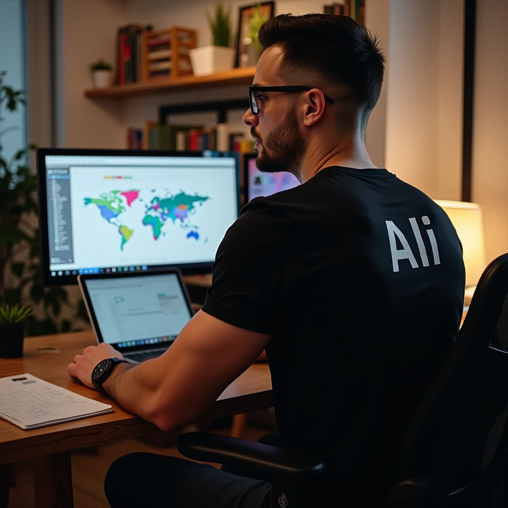 Software developer using computer and Laptop in his well architect room
He is A Lean bodybuilder wearing glasses and Black T shirt on it "Ali" is written
(Back side view)