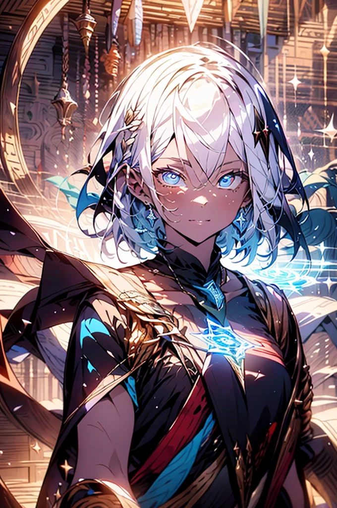 Realistically,(masterpiece,Top Quality,Highest quality,Official Art,Beauty and aesthetics:1.2),Very detailed,Fractal Art,colorful,Most detailed,Tangled,(Abstract background:1.5)(One person:1.3),Kamimei,White Hair,Short fine hair,(Glowing blue eyes),Mysterious,(magic),inflammation,Handsome